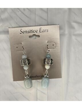 Hypoallergenic Silver Tone Dangle Earrings with Light Blue and White Beads